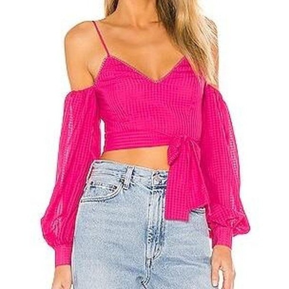NBD revolve Francis Blouse Fuchsia off the shoulder puff sleeve tie crop top S‎
